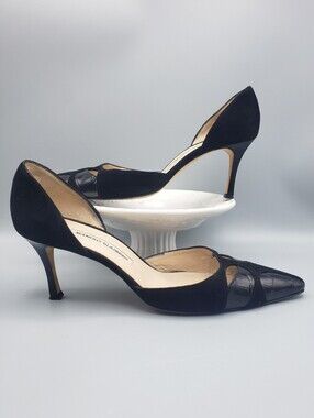 Manolo Blahnik Black Suede & Croc Patent Leather Laser Cut D'Orsay Pumps